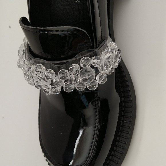Brand New, Never Worn black patent leather Mary Janeshoes with clear beaded band - Picture 3 of 4